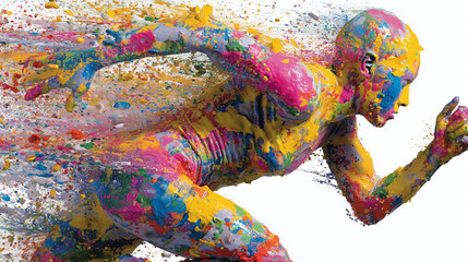 Obraz premium Colorful abstract human figure made of paint splashes in sprinting pose on white background symbolizing creativity, speed and artistic motion 
