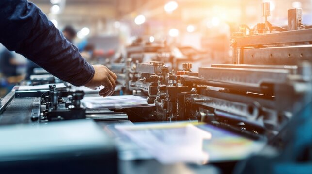 The printing press operator adjusting sheets on a high speed industrial production machine