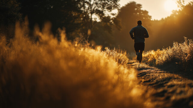 Athletic man jogging through a sunlit trail surrounded by golden dry grass in a natural park setting perfect for fitness ads and outdoor lifestyle visuals
