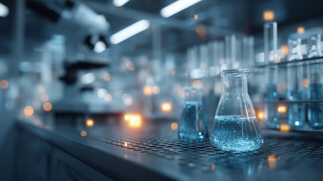 Glass flasks and laboratory equipment in futuristic science lab with blue liquid glowing under artificial lights ideal for innovation and biotechnology visuals
