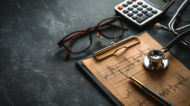 Close-up of stethoscope, eyeglasses and calculator on medical clipboard with ECG report in dark lighting ideal for healthcare finance visuals and clinical budgeting concepts
