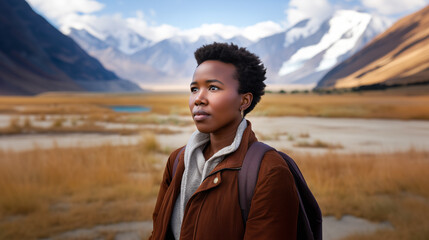 Woman standing against dramatic mountain landscape during hiking journey. Travel adventure concept showing peaceful outdoor exploration, mental wellness through nature connection, scenic valley view.