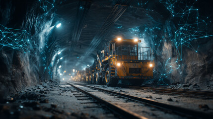 Obraz premium Underground mining tunnel with illuminated machinery and digital connections symbolizing industry, automation and high-tech resource extraction 