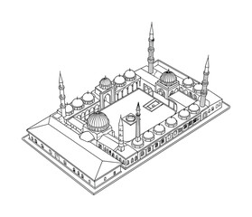 Obraz premium Detailed line art vector drawing of the Masjid an-Nabawi mosque architecture, located in Medina, Saudi Arabia.