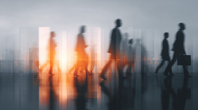 Silhouettes of business people walking with motion blur on reflective surface in abstract urban environment symbolizing workforce and corporate life
