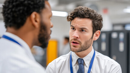 Two business colleagues having serious discussion at workplace. Men talking intensely, expressing concern during conversation. Office environment, professional communication, teamwork concept.