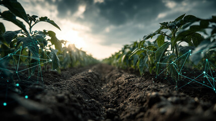 Smart agriculture concept with digital data visualization over farm field at sunrise showing integration of technology, crops and sustainable food production 