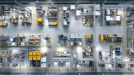 Top-down view of high-tech automated warehouse with robotic systems and modular logistics layout, perfect for illustrating smart industry and modern supply chains
