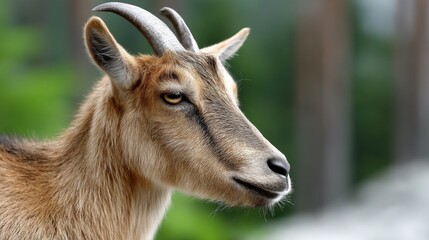 Fototapeta premium Portrait of a goat in a green meadow and forest in the mountains, showcasing the beauty of nature in close-up photography