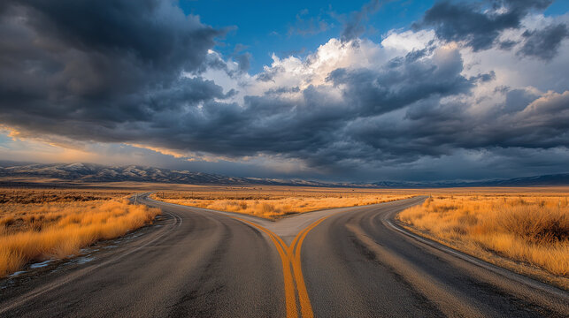 Asphalt road splitting into two separate paths in dramatic landscape under moody sky &mdash; symbol of decision making, life choice and crossroads metaphor
