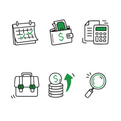  hand drawn finance icons set with green accents, including calendar, wallet, invoice, briefcase, money growth, and search symbols for business and accounting concepts.