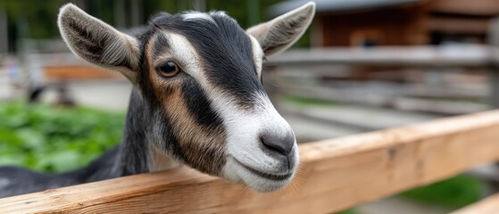 Black goat rests on a green meadow in the Carpathian Mountains of Ukraine surrounded by forest and wooden fence during summer days