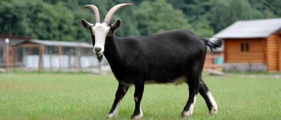 Black goat with white face on green meadow in Carpathian Mountains, Ukraine, with forest and wooden fence in the background during summer