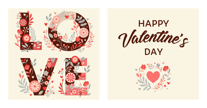 Cute love text with decorative flowers and hearts. Hand drawn vector illustration in a flat style.
Beautiful floral design vector for card, poster or background.