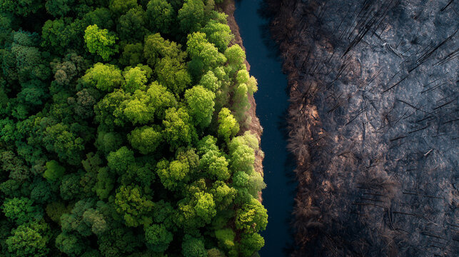 Drone view of lush green forest divided by river from burnt deforested area ideal for climate change, sustainability and environmental impact visuals
