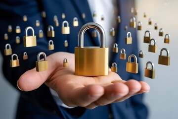 A professional hand presents a large golden padlock surrounded by many small floating locks in a bright setting symbolizing robust data security