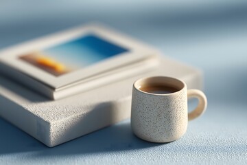 A calming moment with a cup of coffee and book is beautifully captured, creating a sense of serenity and quiet relaxation.