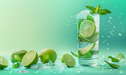 Refreshing mojito served with mint and lime on a green-blue gradient canvas