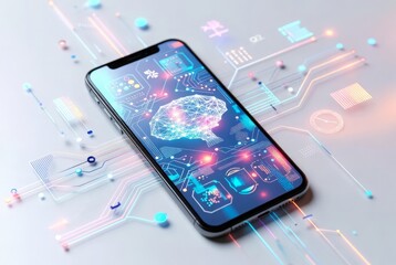 Smartphone mock up with digital brain interface and circuit design elements