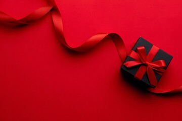Flat lay composition of a small black gift box wrapped with a bright red ribbon and bow, long flowing ribbon extending across the frame, rich red background with smooth matte texture.