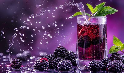 Refreshing blackberry juice with fresh berries and droplets on a rich purple-black gradient
