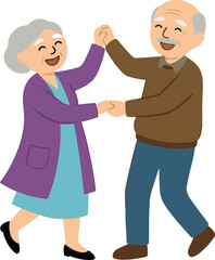 Happy Elderly Couple Dancing Together Joyfully, Senior Man and Woman Celebrating Retirement Life with Love and Laughter, Cartoon Grandparents Active Lifestyle, isolated on transparent background