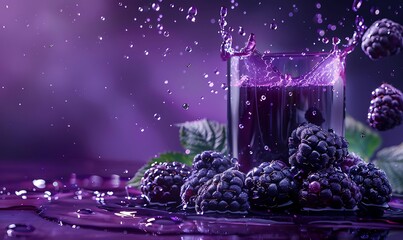 Fresh blackberries with water droplets and splashes beside a glass of blackberry juice on a purple-black gradient
