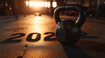 The Kettlebell Casts a Long Shadow on a 2020 Gym Floor at Sunset