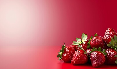 Juicy fresh strawberries on the right side of a red-white gradient background