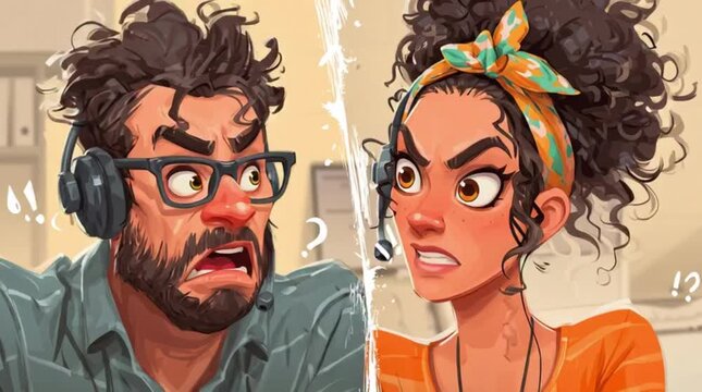 A split-screen scene with a friendly support worker on one side and a perplexed user on the other