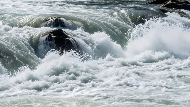 Powerful white water rapids crash over dark rocks in a turbulent river with spray and foam under a bright sky