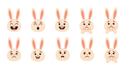 Obraz premium Collection of cute bunny head icons showing various facial expressions and emotions like happy, sad, and surprised.