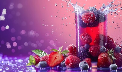 Refreshing mixed berry juice with fresh berries and water splashes on a vibrant gradient background