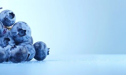 Plump blueberries arranged on the right against a blue-to-white gradient background