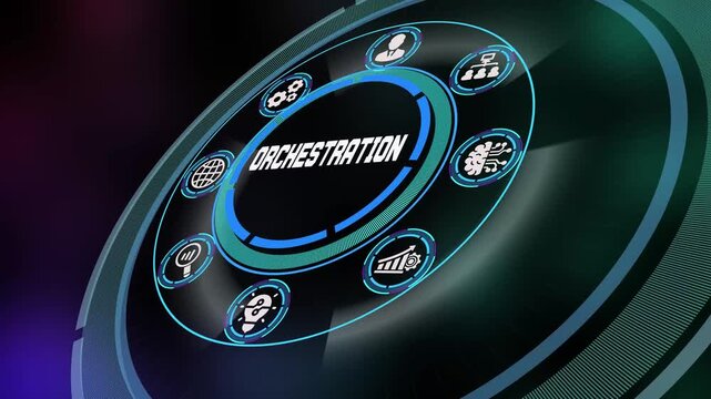 Complex System Orchestration and Automated Workflow Management Concept with Centralized Digital Icons.