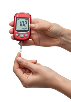 ultra-realistic macro of fair-skinned woman's hand using a modern red glucometer reading '102 mg/dL' on a transparent background, razor-sharp focus. concept of proactive health monitoring