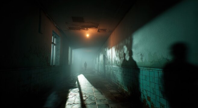 A dimly lit eerie corridor with a figure lurking in the shadows.