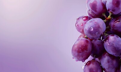 Fresh purple grapes positioned on the right with a soft purple-white gradient background