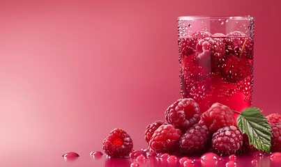 Raspberries with droplets and a glass of juice on a smooth pink-red backdrop