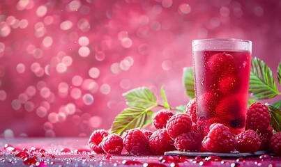 Refreshing raspberry juice with fresh berries on a pink-to-red gradient canvas