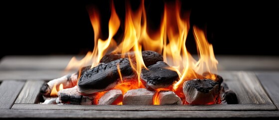 Close-up view of glowing hot coals surrounded by flames with a dark background at a fire pit during evening hours