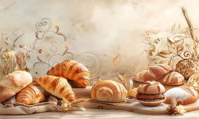 Freshly baked croissants, muffins, and bread loaves styled for a bakery flyer background