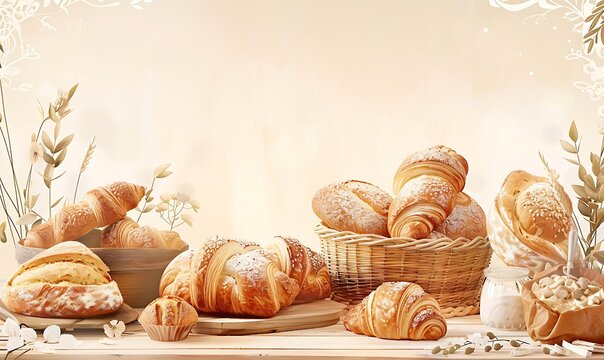 Artfully arranged baked goods on a wooden counter, perfect for a bakery flyer