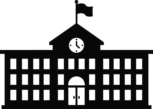 A simple silhouette icon of a traditional school building with a clock tower and flag