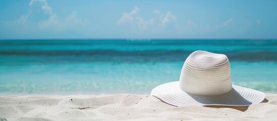 Obraz premium A white sun hat rests on the sandy beach near turquoise waters. The scene captures a serene summer day by the ocean.