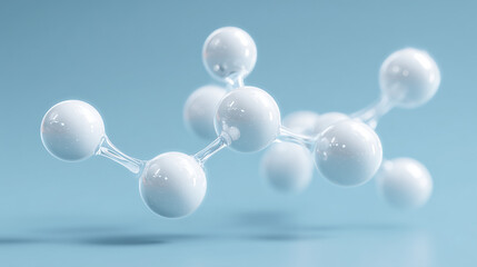 A cluster of white molecular structures floating against a soft blue background. The design represents scientific concepts and molecular biology.