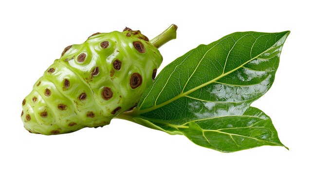 Single fresh noni fruit photographed from a side angle transparent png background. Ai generated