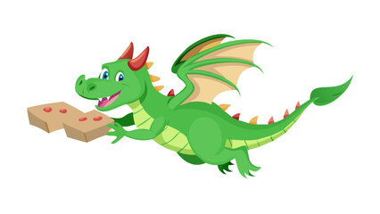 Obraz premium A friendly green dragon flying through the sky holding a stack of pizza boxes with its claws.