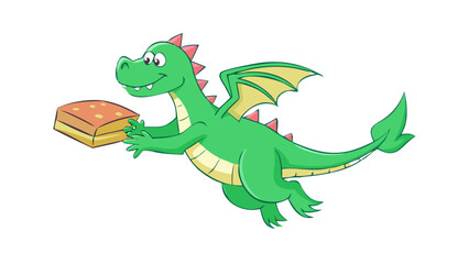 Obraz premium A friendly green dragon flying through the sky holding a stack of pizza boxes with its claws.