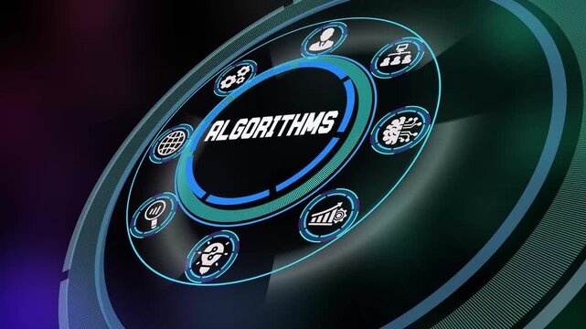 Advanced Mathematical Algorithms and Machine Learning Logic Concept with Digital Data Icons.